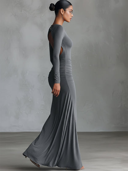 Women's Grey Elegant Stretch - Polyester-Cotton Blend Ruched Open - Back Maxi Dress