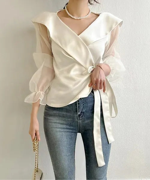 Elegant Plain Surplice Neck Long Sleeve Lace Up Blouse