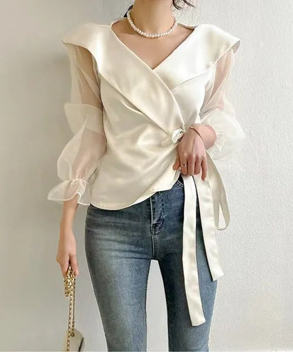 Elegant Plain Surplice Neck Long Sleeve Lace Up Blouse