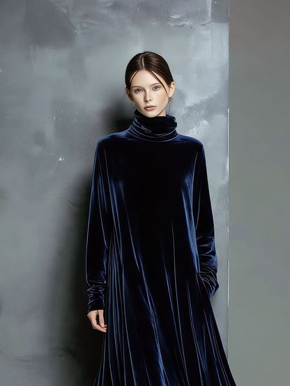 Women's Elegant Navy Blue Velvet High-neck Long-sleeved Loose-fitting Maxi Dress