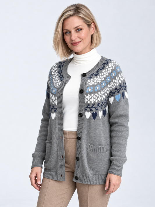 Women's Fair Isle Wool Cardigan – Gray Button-Up Sweater with Pockets