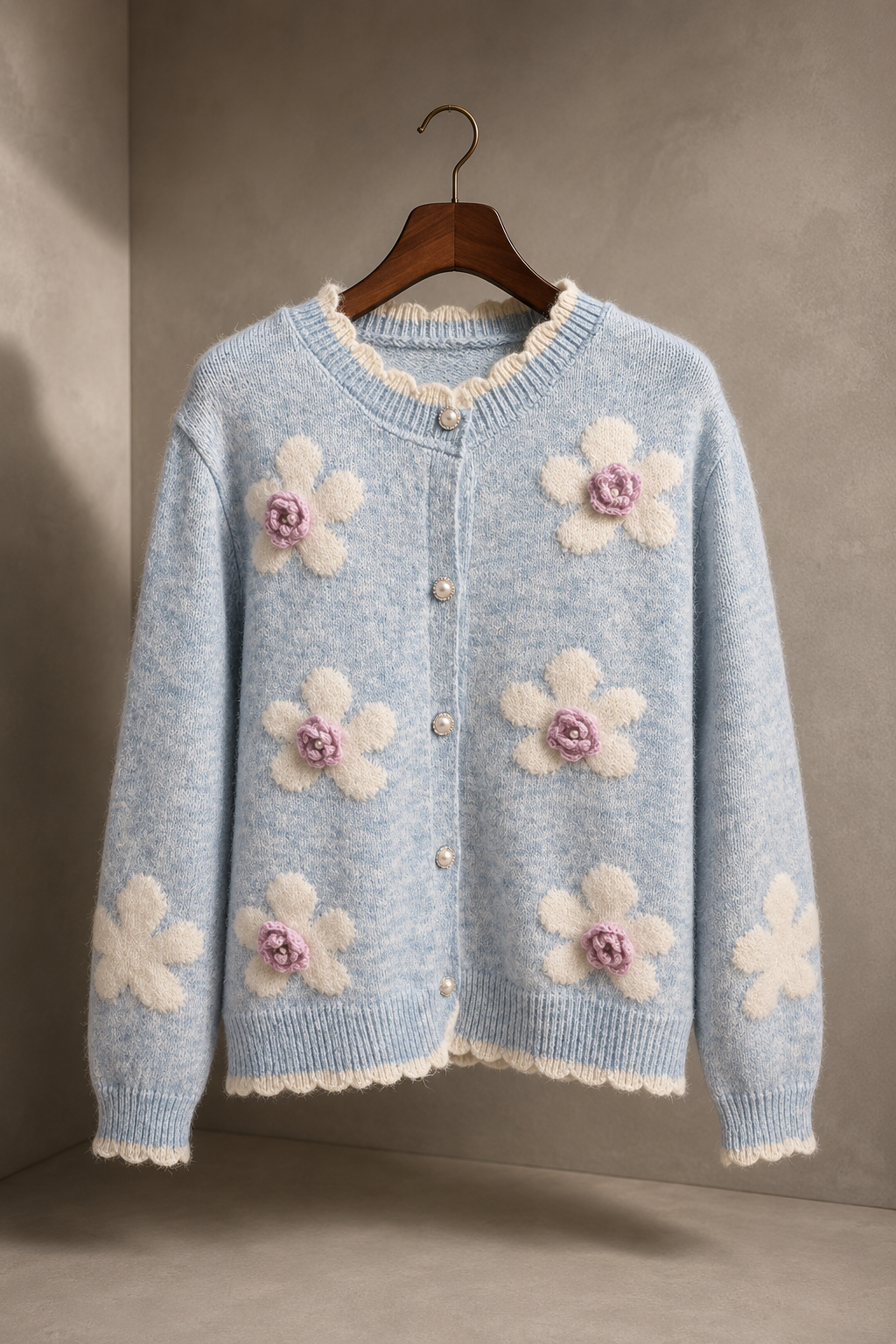 Women’s 3D Floral Wool Cardigan – Pearl Button Soft Knit Sweater for Early Fall