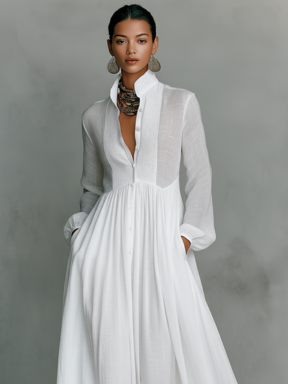 Women's Minimalist Cotton And Linen Patchwork Single-breasted Stand-up Collar Long-sleeved Maxi Dress