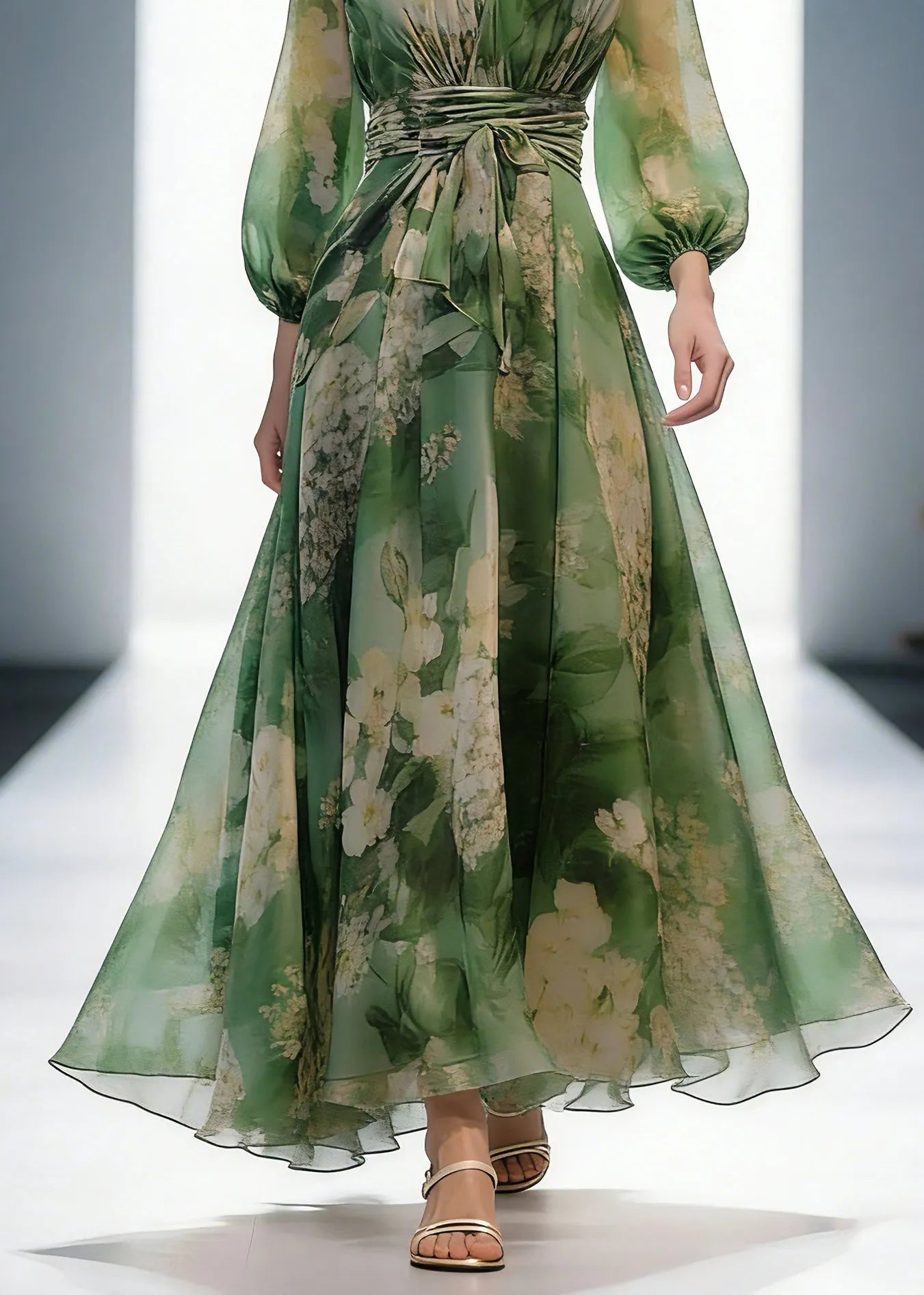 French Green V Neck Print High Waist Chiffon Dresses Long Sleeve