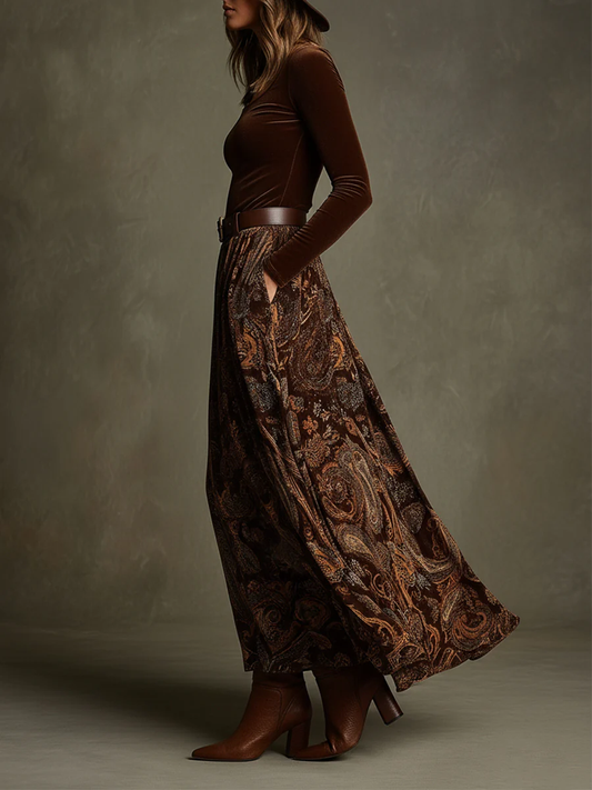 Vintage Stretch Velvet Top and Paisley Print Maxi Skirt Set