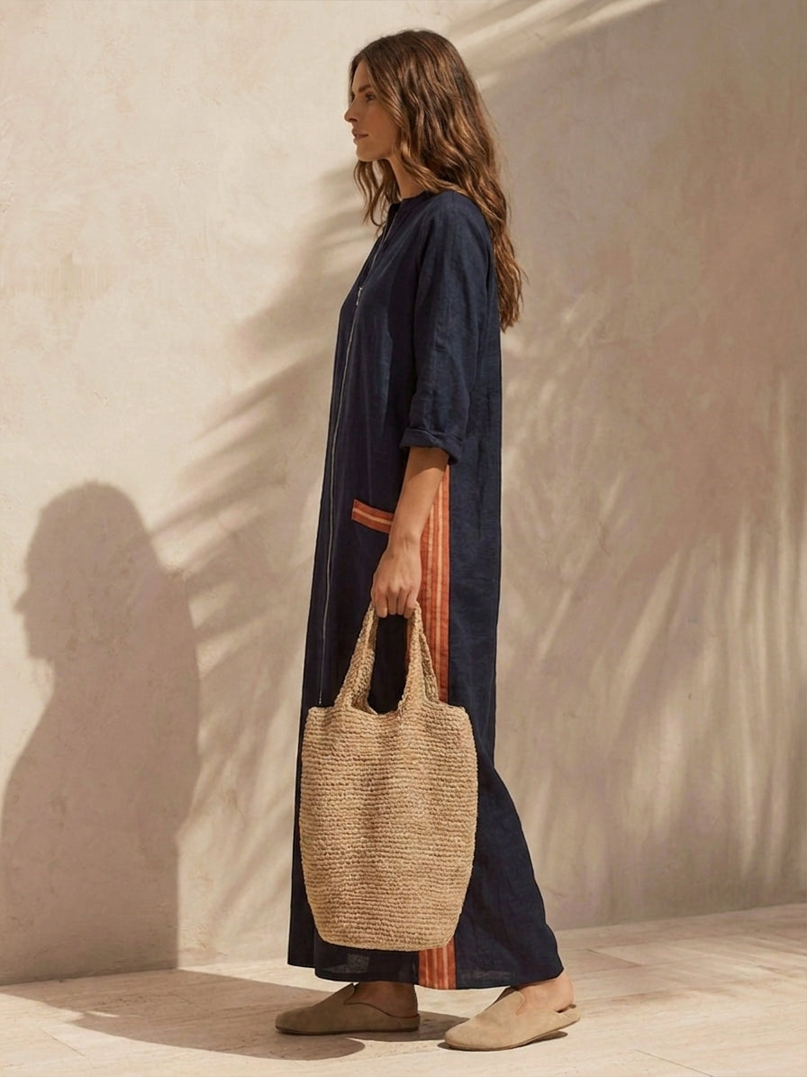 Women's Stand-Collar Half-Zip Cotton-Linen Maxi Dress With Contrast Stripes