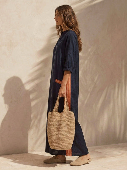 Women's Stand-Collar Half-Zip Cotton-Linen Maxi Dress With Contrast Stripes