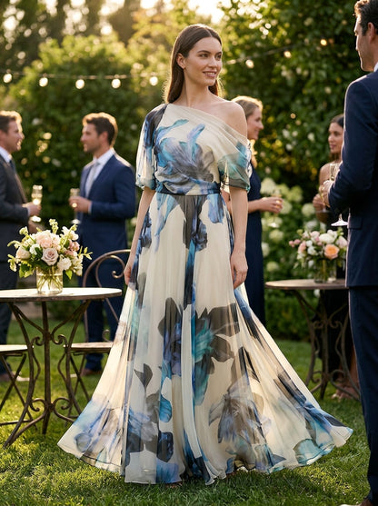 French Sky Blue Asymmetrical Print Chiffon Long Dresses Summer