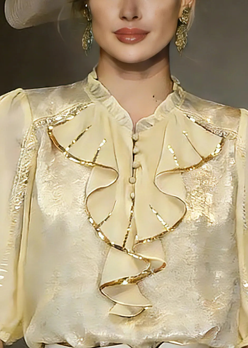 Beautiful Yellow Stand Collar Ruffled Chiffon Shirt Summer