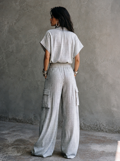 Women's Casual Vacation Gray White Cotton Blend Striped Wrap Top Cargo Pocket Wide-Leg Pants Set