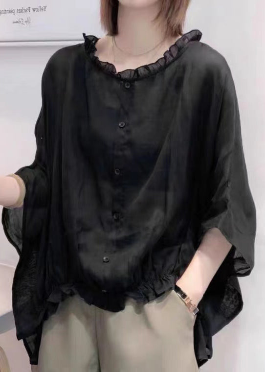 Art Black print Tops Ruffles Trim Half Sleeve Shirts Blouse Plus Size