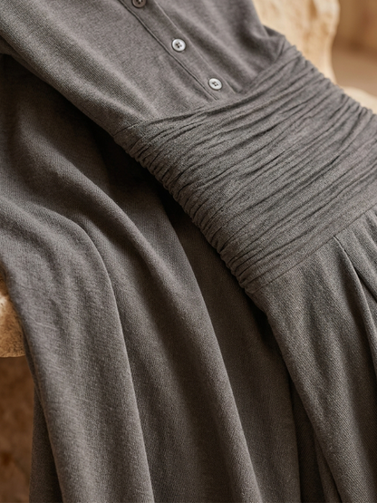 Women's Waist Ruched Solid Knit Elegant Collared V Neck Long Sleeve Maxi Dress