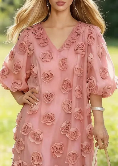Fitted Pink Oversized Floral Decorated Tulle Party Dresses Summer
