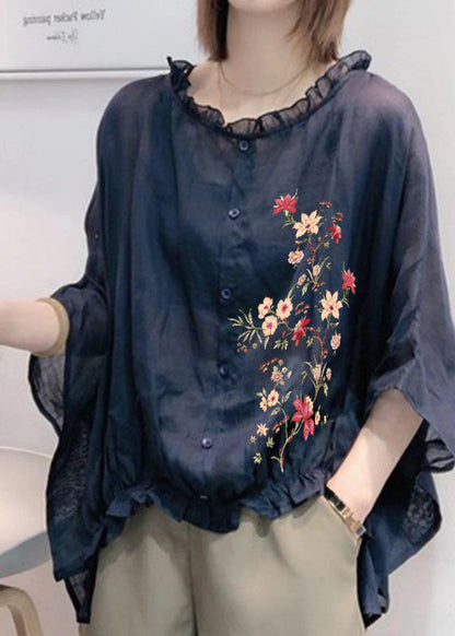 Art Black print Tops Ruffles Trim Half Sleeve Shirts Blouse Plus Size