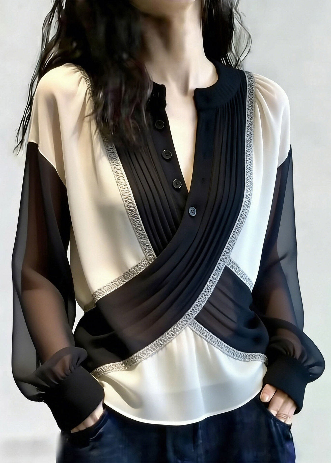 French Black O-Neck Tulle Patchwork Shirt Lantern Sleeve