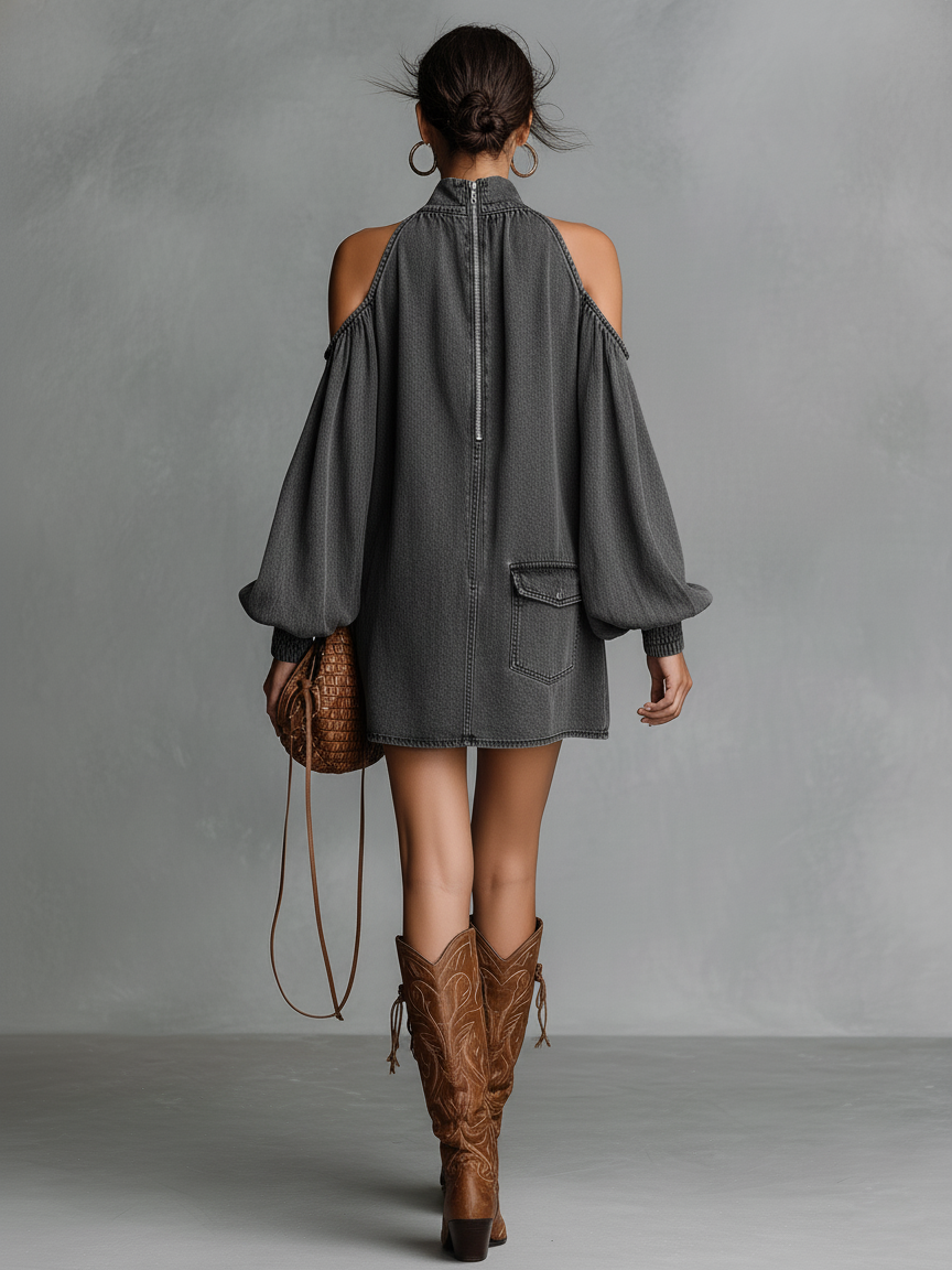 Women's Minimalist Washed Denim Off-the-shoulder Mini Dress