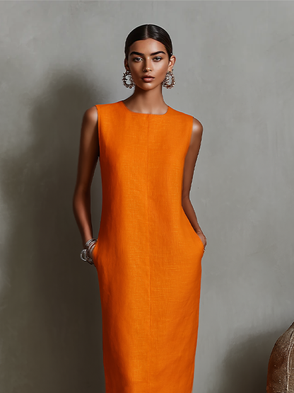 Women's Orange Linen Shift Dress With Sleeveless Round Neck & Side Pockets, Timeless Minimalist-Elegant Style Dress