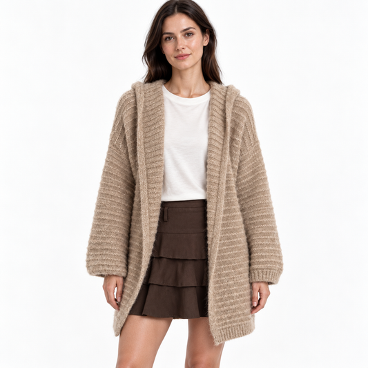 Women's Hooded Wool Cardigan – Longline Open-Front Knit Sweater