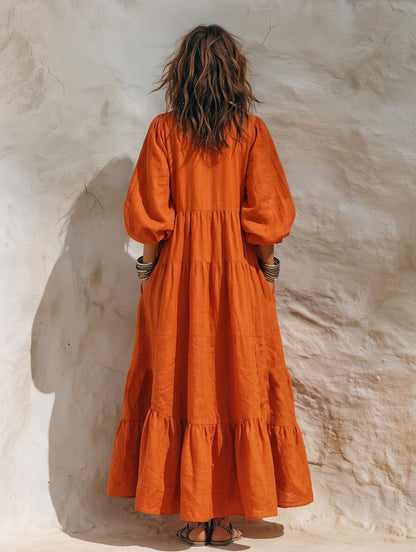 Women's Casual Orange Cotton-Linen Maxi Dress With Half-Zip Collar And Three-Quarter Sleeves