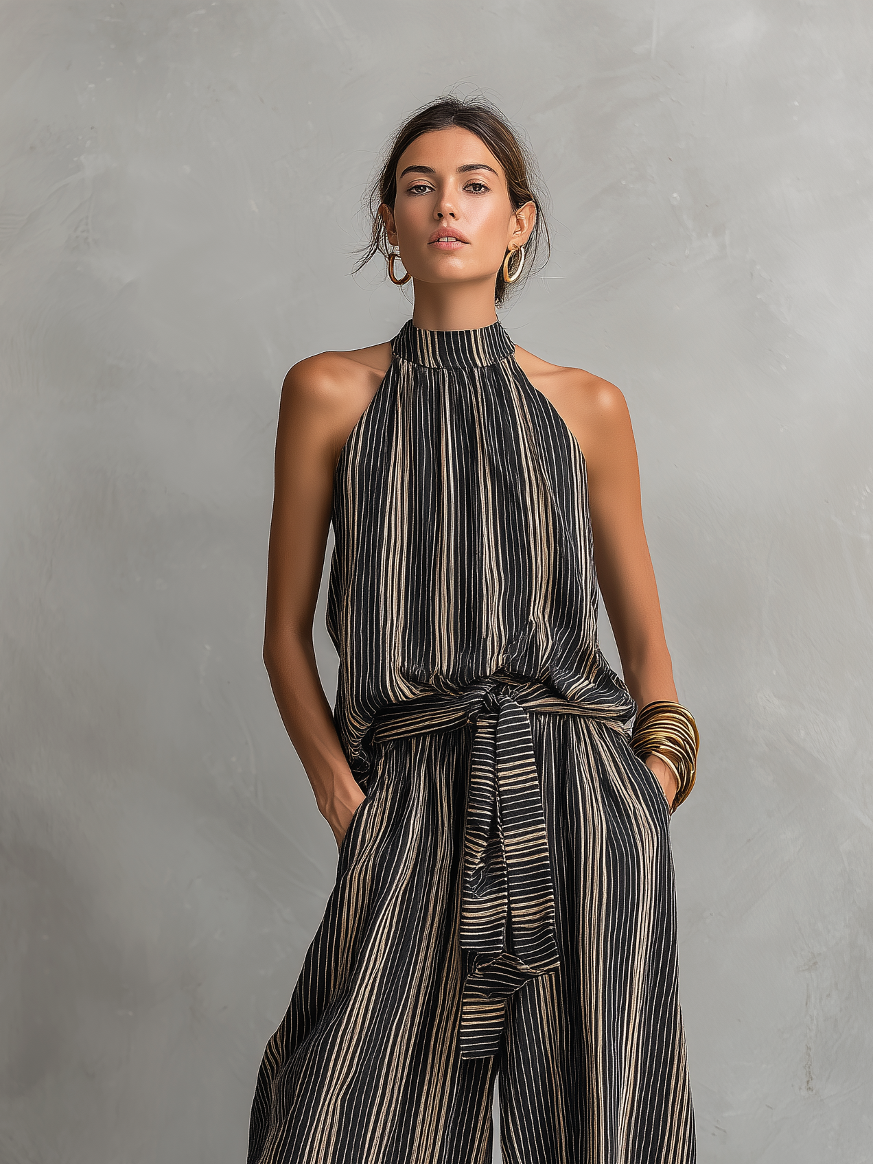 Women's Elegant Striped Printed Woven Round Neck Sleeveless Top Paired With Trousers Set
