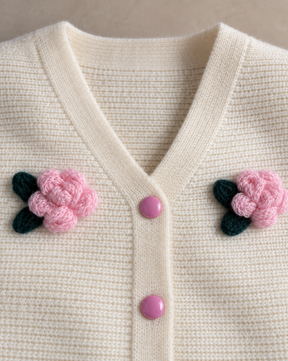 Women's Floral Wool Cardigan – V-Neck Rose Detail Button-Up Sweater