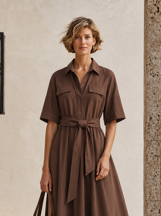 Women's Pocket Design Casual Solid Stand Collar Three Quarter Sleeve Dress