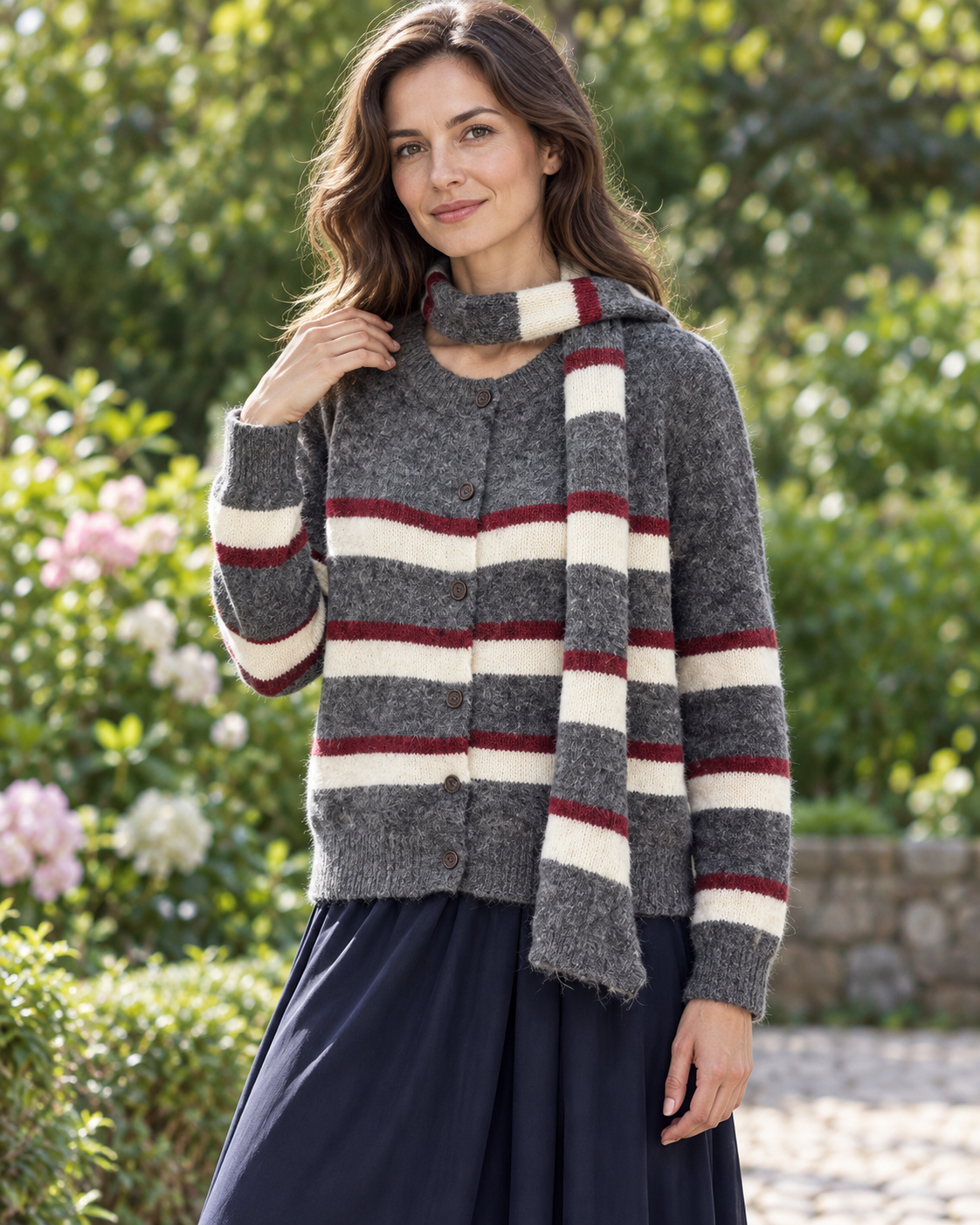 Women's Striped Wool Cardigan with Scarf – Relaxed-Fit Button-Front Knit Sweater