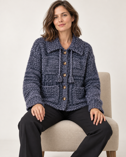Women's Textured Wool Cardigan – Collared Button-Up Sweater with Pockets