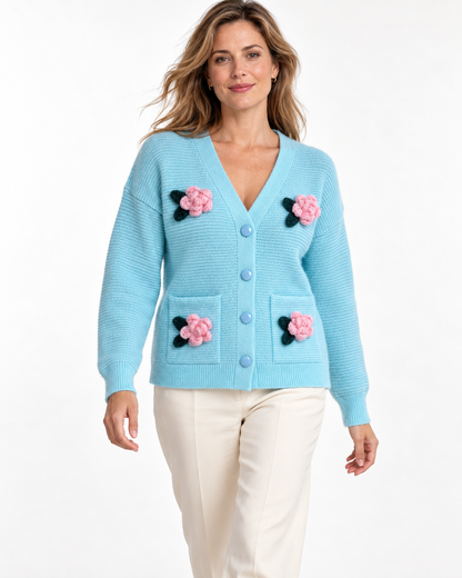 Women's Floral Wool Cardigan – V-Neck Rose Detail Button-Up Sweater