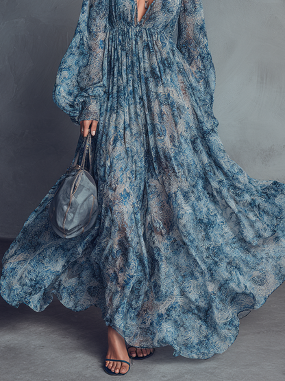 Women's Bohemian Style Blue Floral Print V-Neck Lantern Sleeve Chiffon Maxi Dress