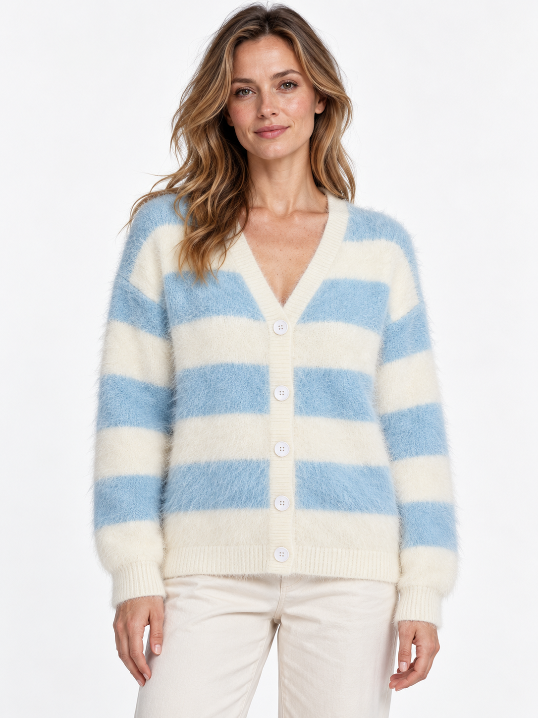 Women's Striped Cardigan – Fuzzy V-Neck Button-Front Knit Sweater