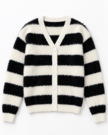 Women's Striped Cardigan – Fuzzy V-Neck Button-Front Knit Sweater