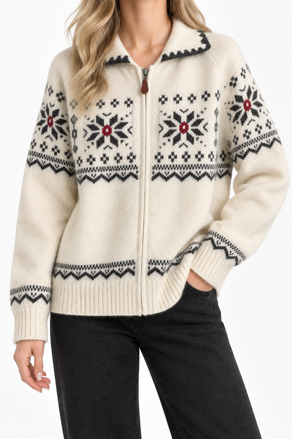 Women's Fair Isle Half-Zip Pullover Sweater – Nordic Snowflake Knit Top