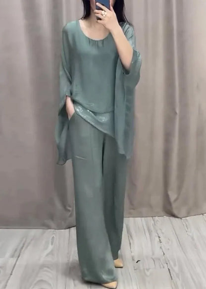 Loose Purple O Neck Solid Tops And Pants Cotton Two Pieces Set Batwing Sleeve