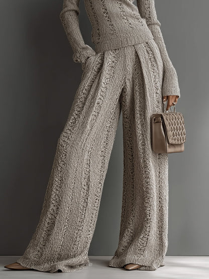 Women's Taupe Elegant Knit Textured Sweater & Wide - Leg Pants Set