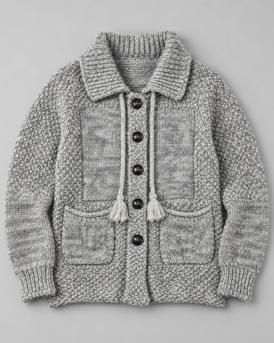 Women's Textured Wool Cardigan – Collared Button-Up Sweater with Pockets