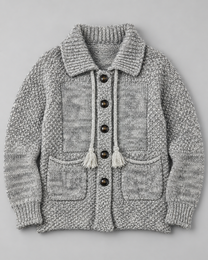 Women's Textured Wool Cardigan – Collared Button-Up Sweater with Pockets