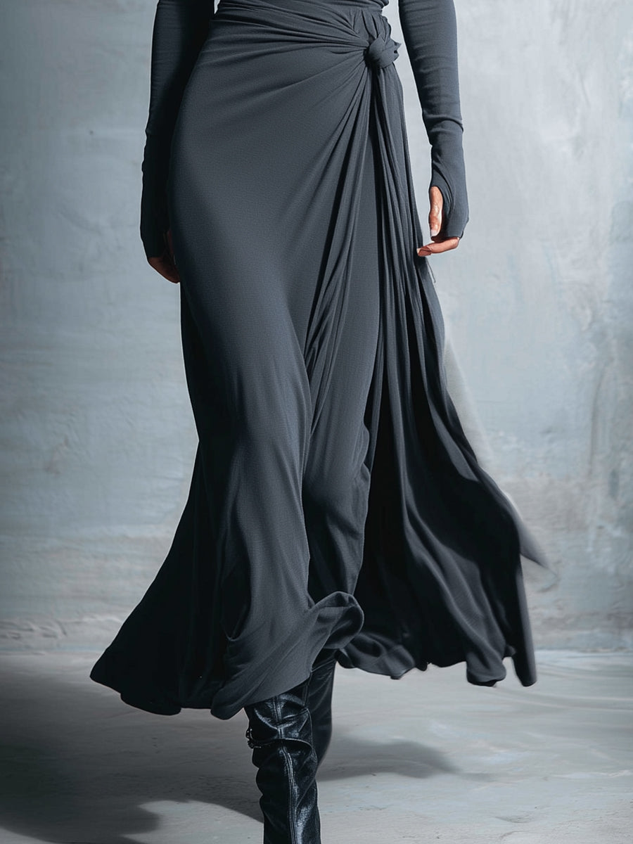 Women's Gray Exquisite Stretch Blended Fabric Wrap Dress - Knotted Maxi Dress