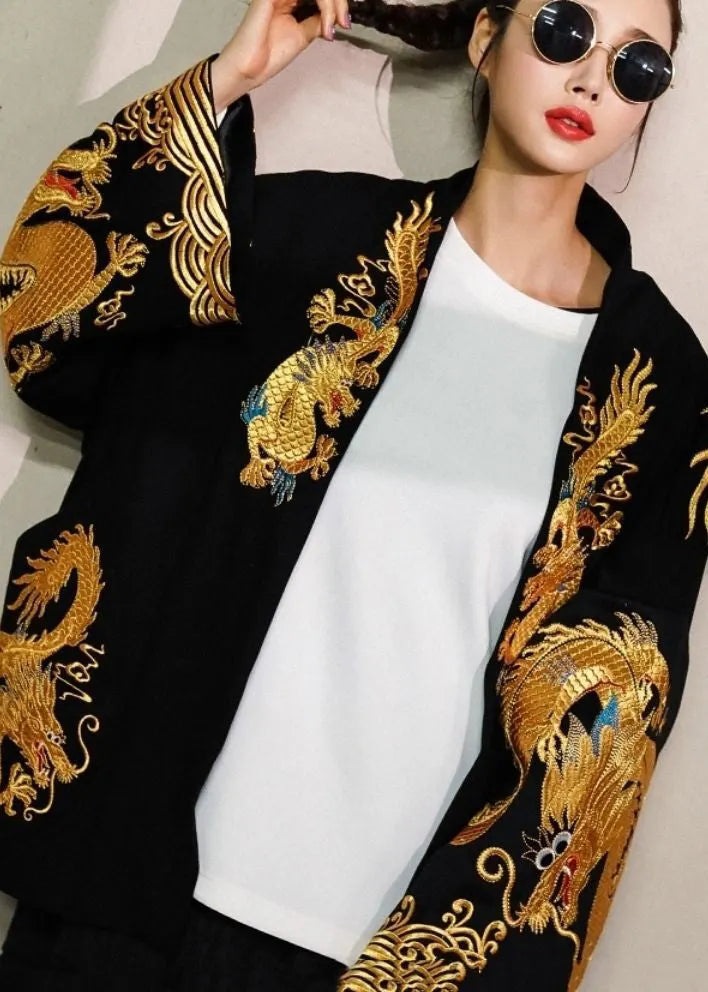 Trendy Gold Painted Dragon Oversized Cotton Cardigan Jacket