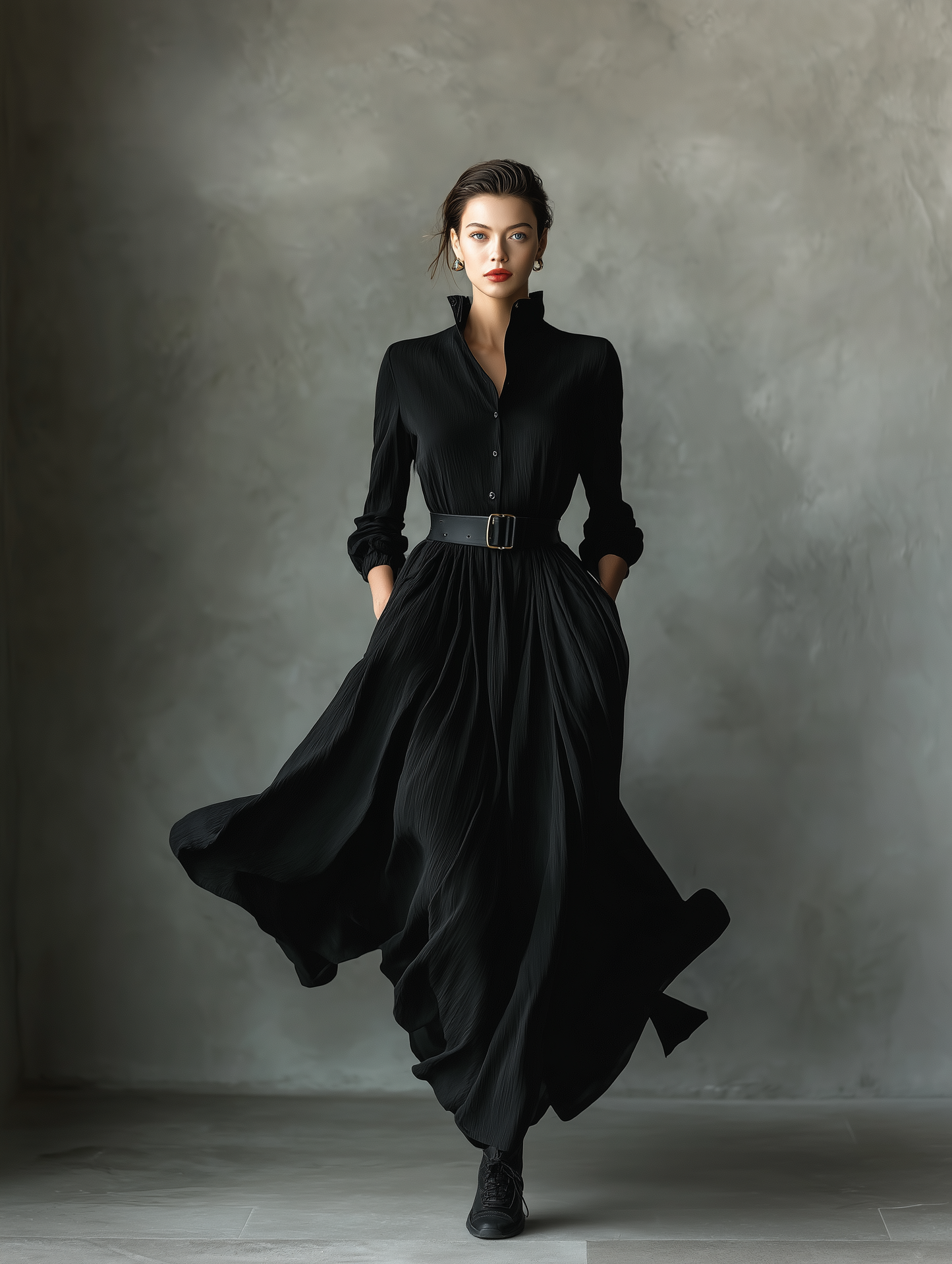 Women's Black Blend Textured Pleated Vintage Maxi Dress