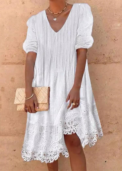 Plus Size White V Neck Lace Patchwork Cotton Dress Summer