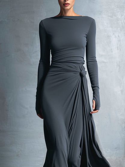 Women's Gray Exquisite Stretch Blended Fabric Wrap Dress - Knotted Maxi Dress