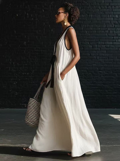 Casual Loose White V Neck Patchwork Cotton Dresses Sleeveless