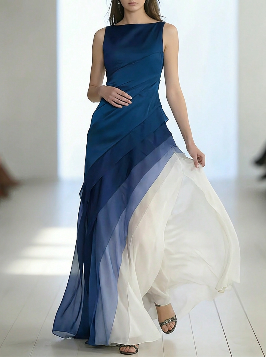 French Blue High Waist Patchwork Tulle Maxi Dresses Sleeveless