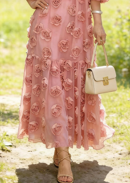 Fitted Pink Oversized Floral Decorated Tulle Party Dresses Summer