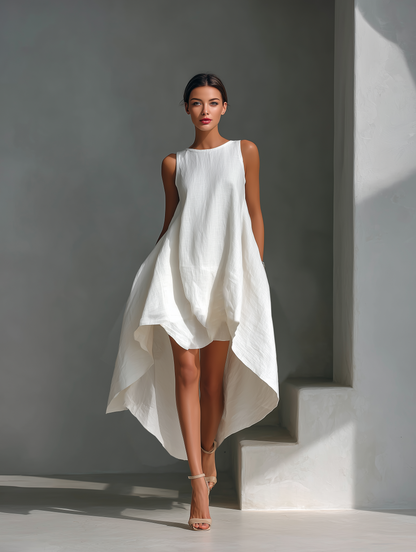 Women's White Linen Fabric Sleeveless Midi Dress With Round Neck & Asymmetric Hem