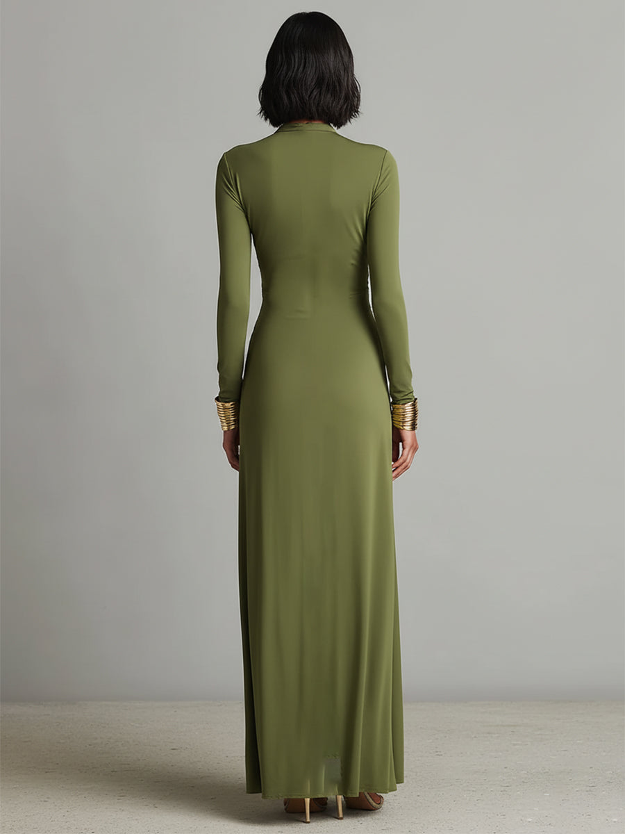 Women's Olive Silky Stretchy Dress With Deep V-Neck & Ruched Detail, Glamorous Maxi Dress