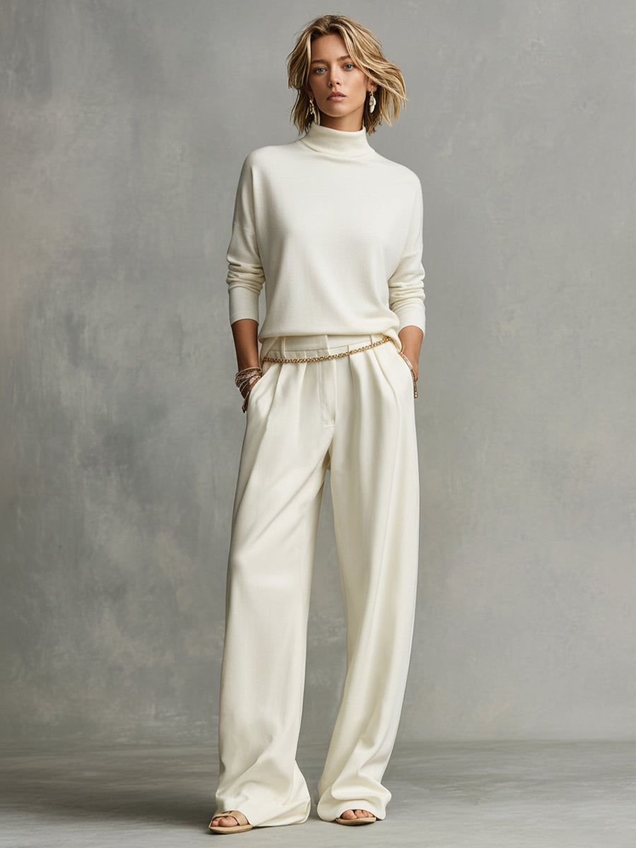 Women's Cream Soft Knit Chic Turtleneck Top & Flowy Wide-Leg Pant Set