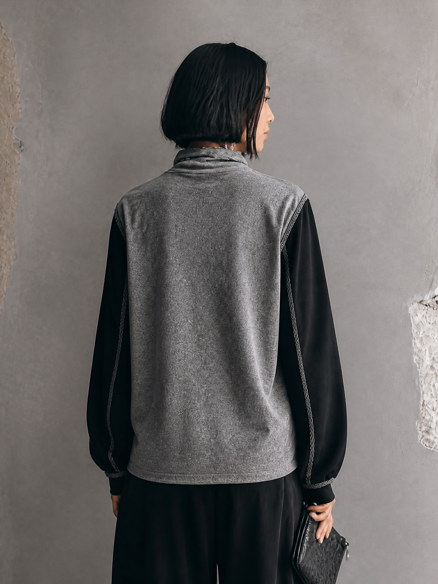 Women's Casual Knit-Panelled Funnel-Neck Top