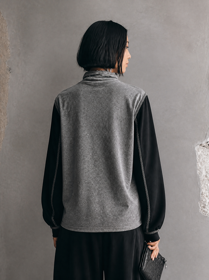 Women's Casual Knit-Panelled Funnel-Neck Top